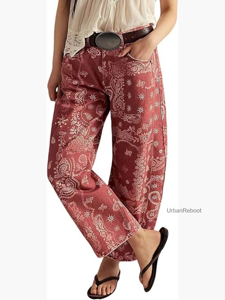 Women Baggy Barrel Jeans Wide Leg Floral Print Denim Ankle Pants Mid Rise